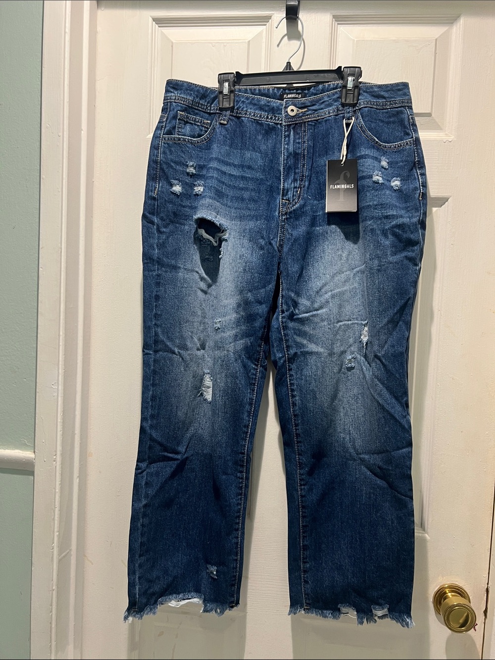 Flamingals Women's Distressed Flare Jeans in Dark Blue NWT